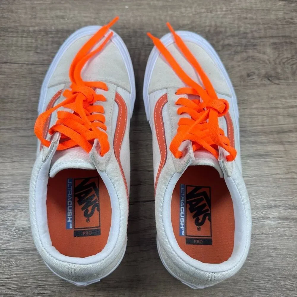 Vans~Mens~Old‎ Skool Pro Shoes White Orange Checkerboard Skate Sneakers~Size 6